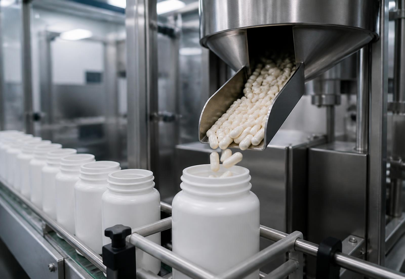 Capsules pouring from a counting machine into a white bottle