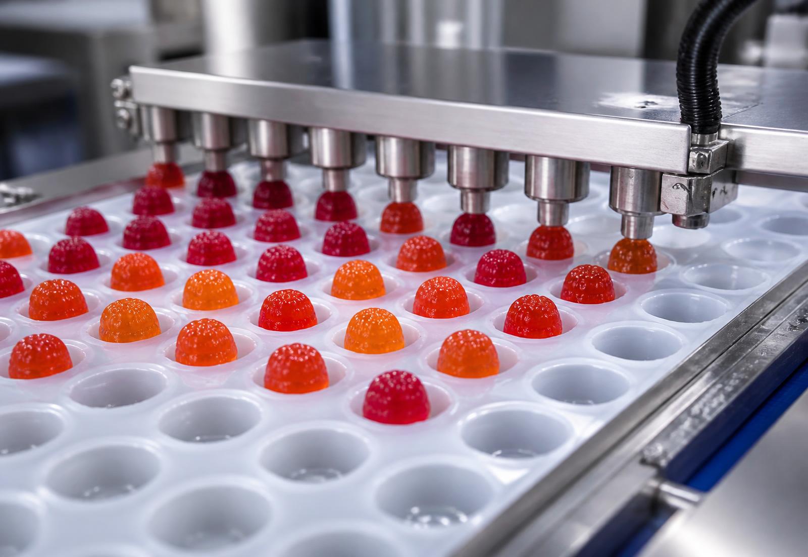 Gummies being deposited into a starch-free mold on an automated line