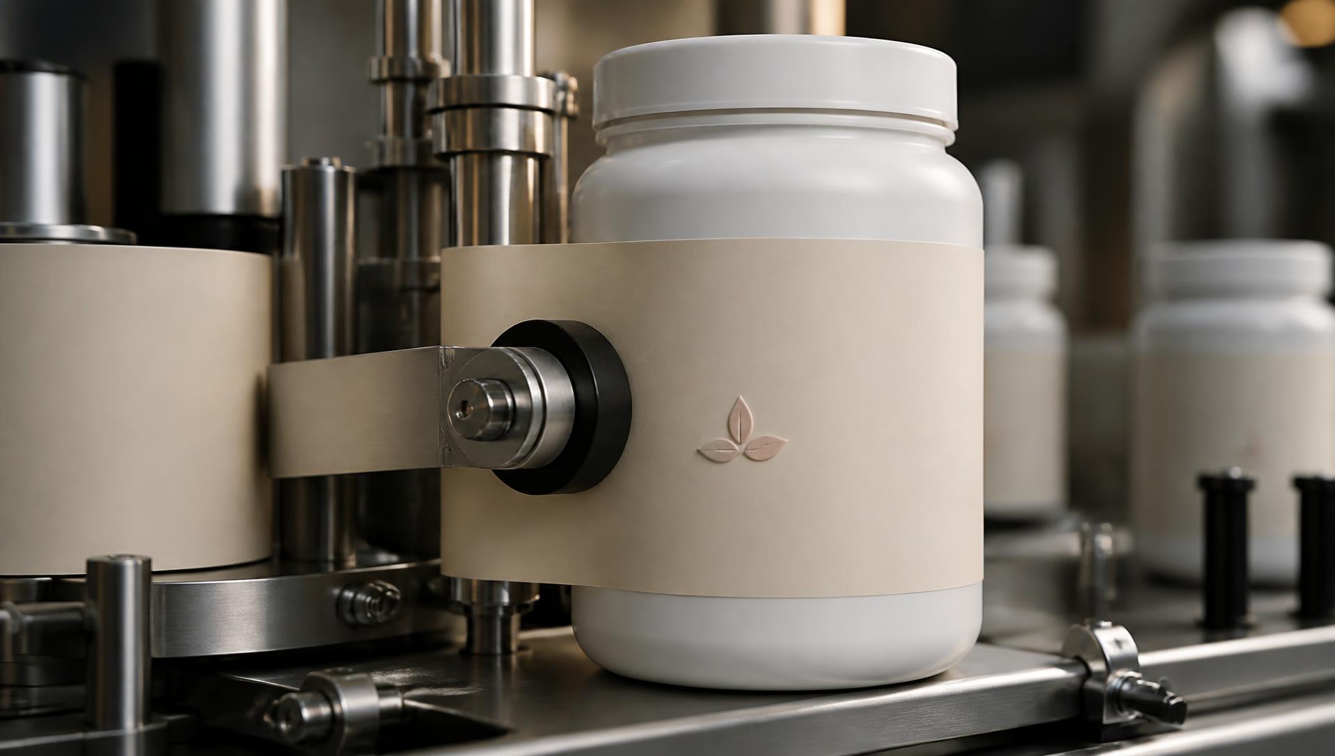A premium supplement label being applied on a production line