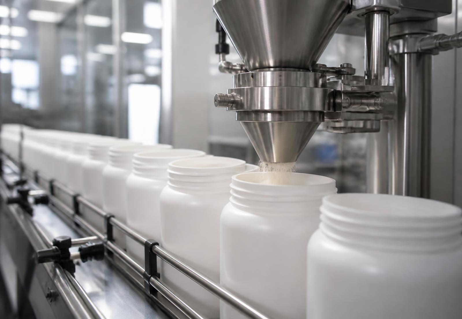 Protein powder being filled into white tubs on an automated line