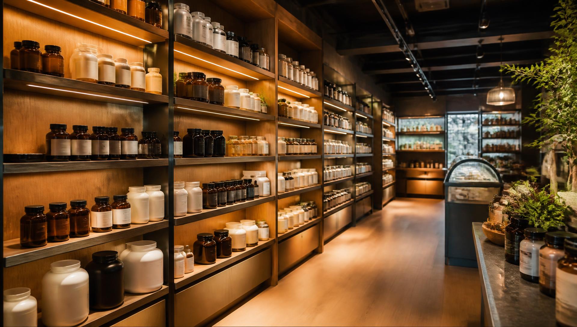 A premium supplement aisle in a specialty retail environment