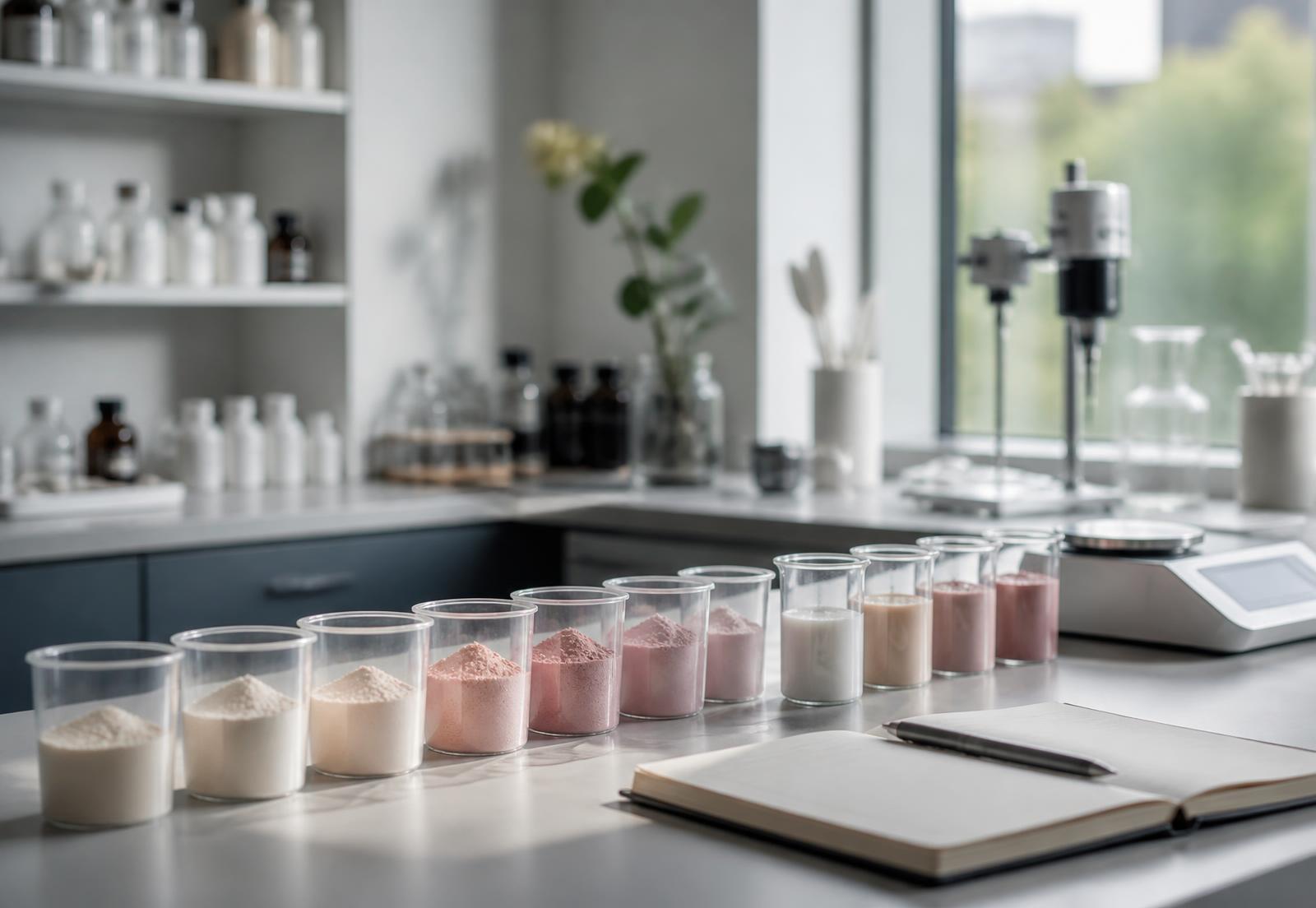 Numbered formulation samples lined up on a development bench
