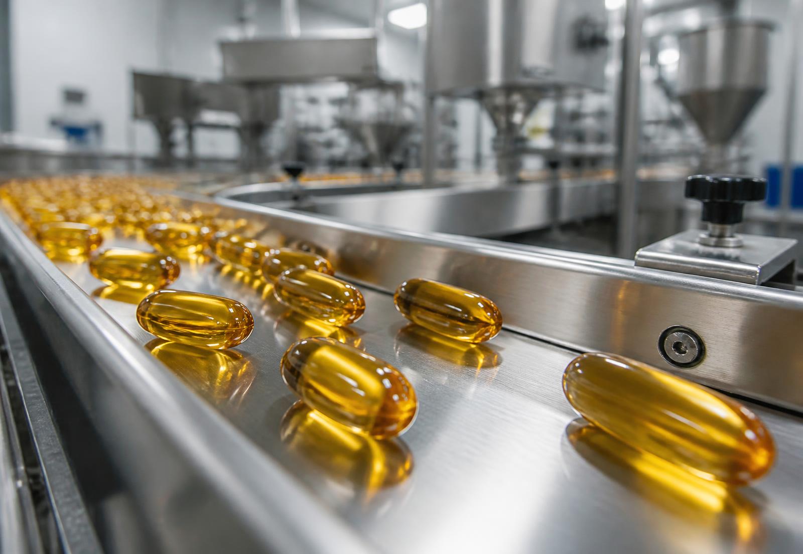 Amber softgels on a stainless steel inspection conveyor
